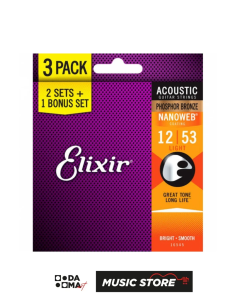 Elixir 12-53 Nanoweb Phosphor Bronze Akustik Gitar 3'lü Tel Seti 16545