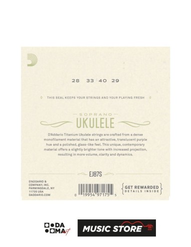 D'Addario EJ87S Soprano Ukulele Tel Seti – Titanium, Warm Bright